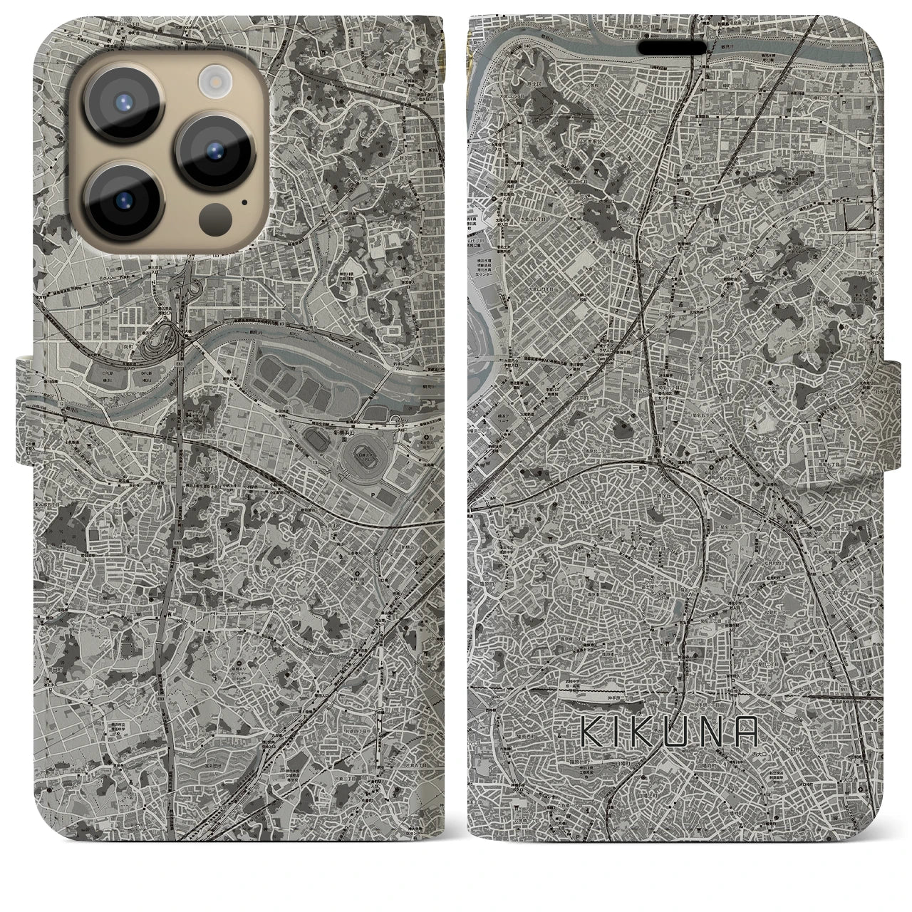 【菊名(神奈川県)】地図柄iPhoneケース(手帳タイプ)モノトーン・iPhone 14 Pro Max 用