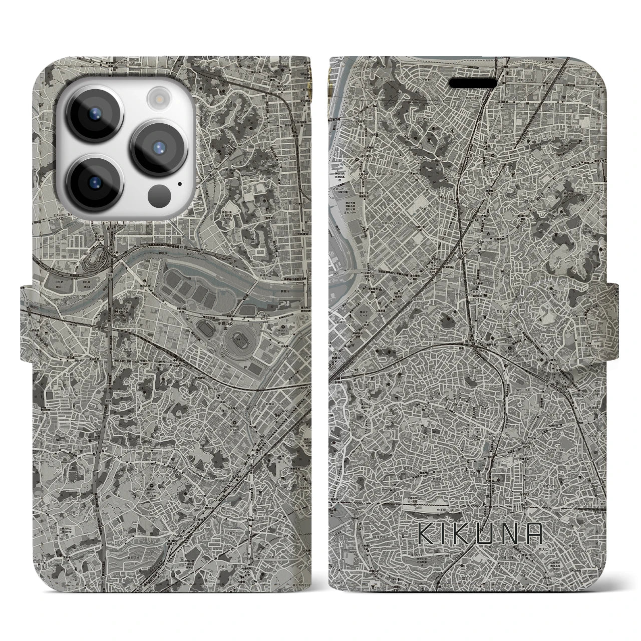 【菊名(神奈川県)】地図柄iPhoneケース(手帳タイプ)モノトーン・iPhone 14 Pro 用