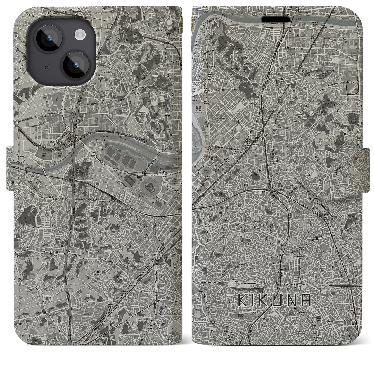 【菊名(神奈川県)】地図柄iPhoneケース(手帳タイプ)モノトーン・iPhone 14 Plus 用