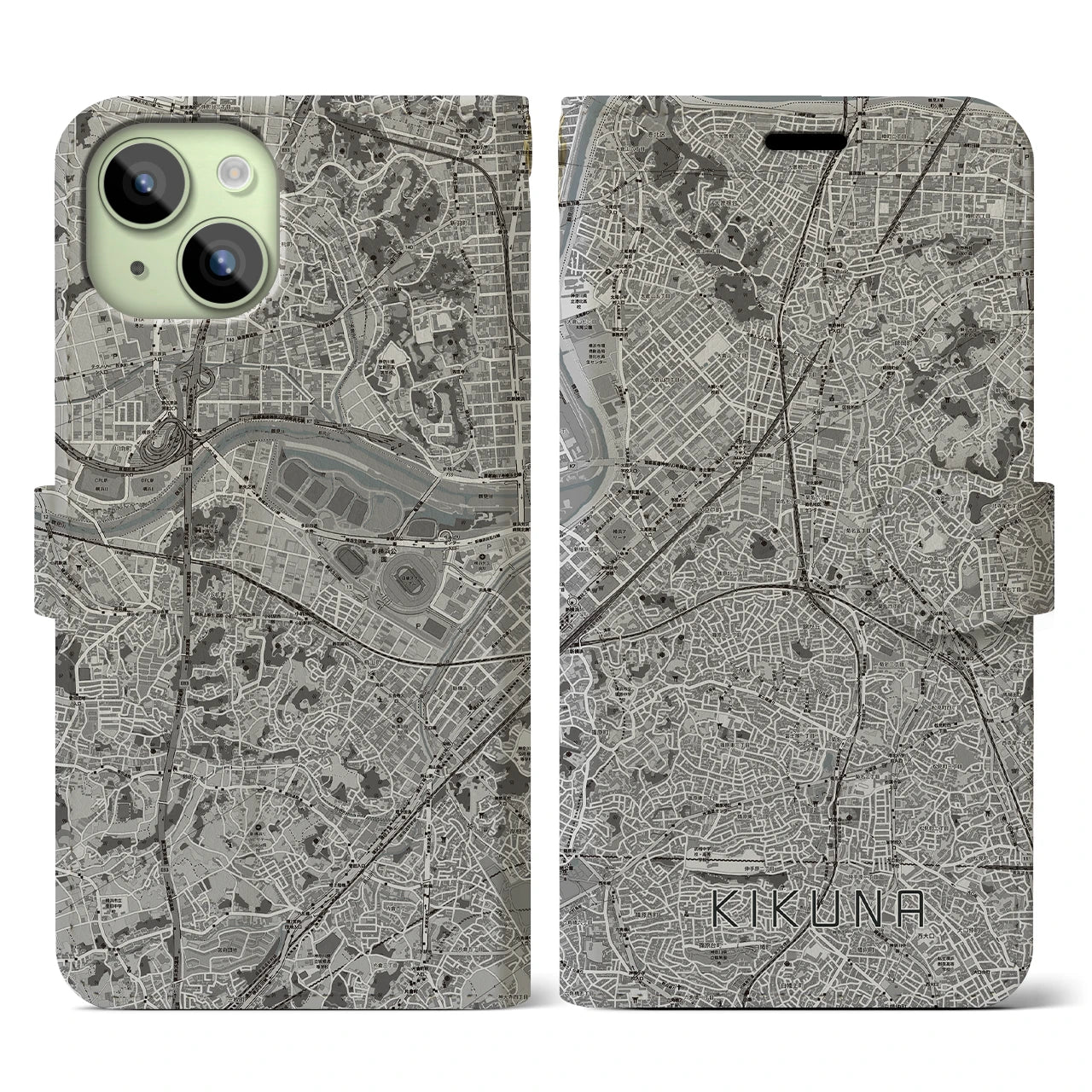 【菊名(神奈川県)】地図柄iPhoneケース(手帳タイプ)モノトーン・iPhone 15 用