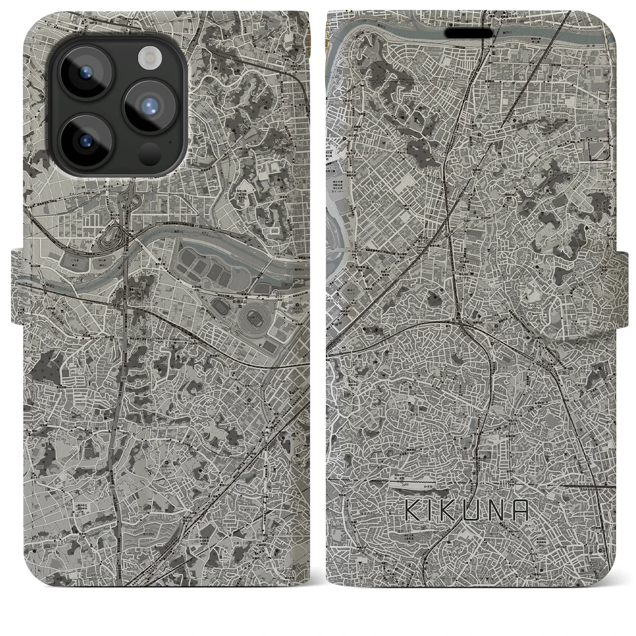 【菊名(神奈川県)】地図柄iPhoneケース(手帳タイプ)モノトーン・iPhone 15 Pro Max 用