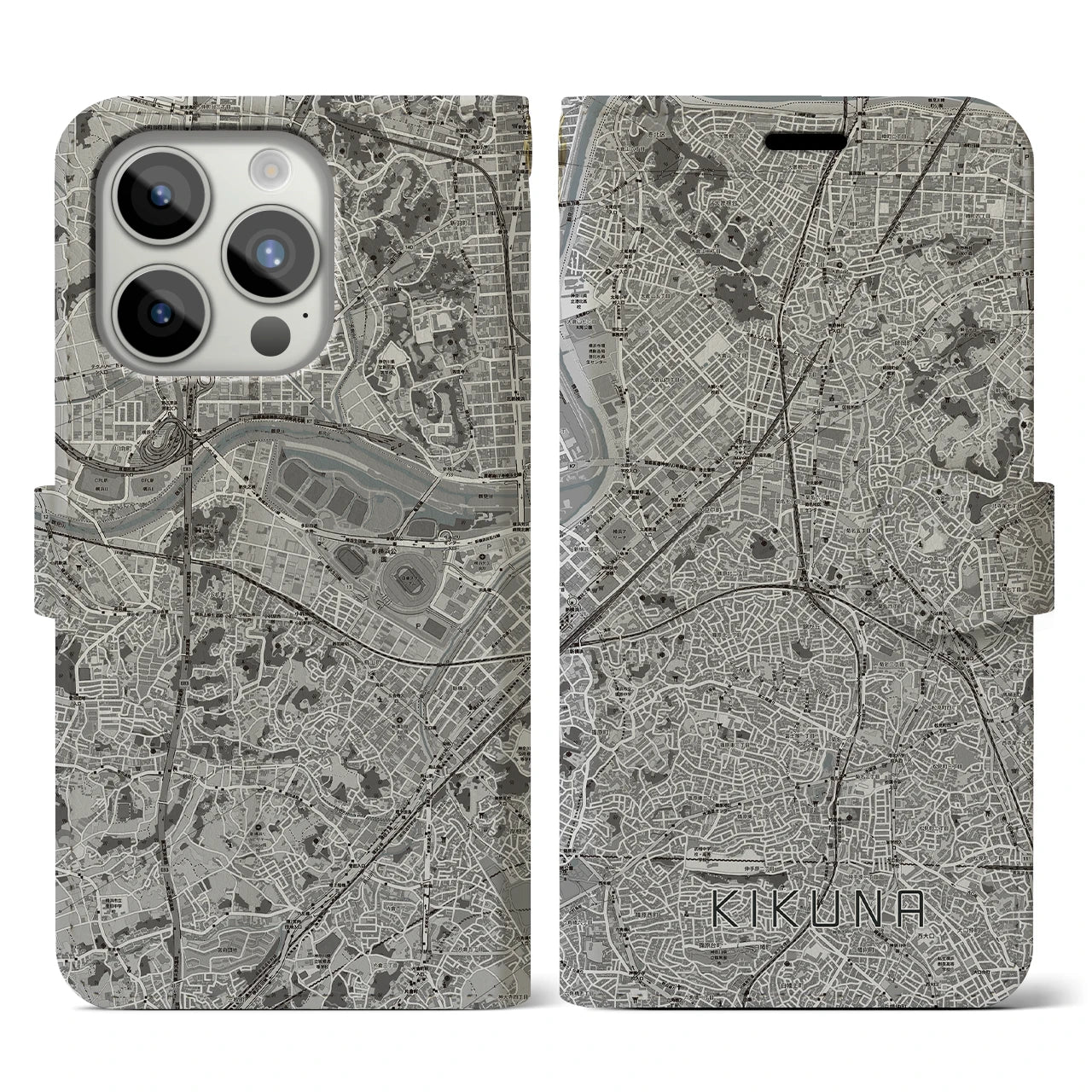 【菊名(神奈川県)】地図柄iPhoneケース(手帳タイプ)モノトーン・iPhone 15 Pro 用