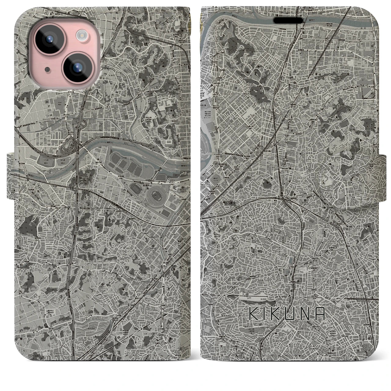 【菊名(神奈川県)】地図柄iPhoneケース(手帳タイプ)モノトーン・iPhone 15 Plus 用