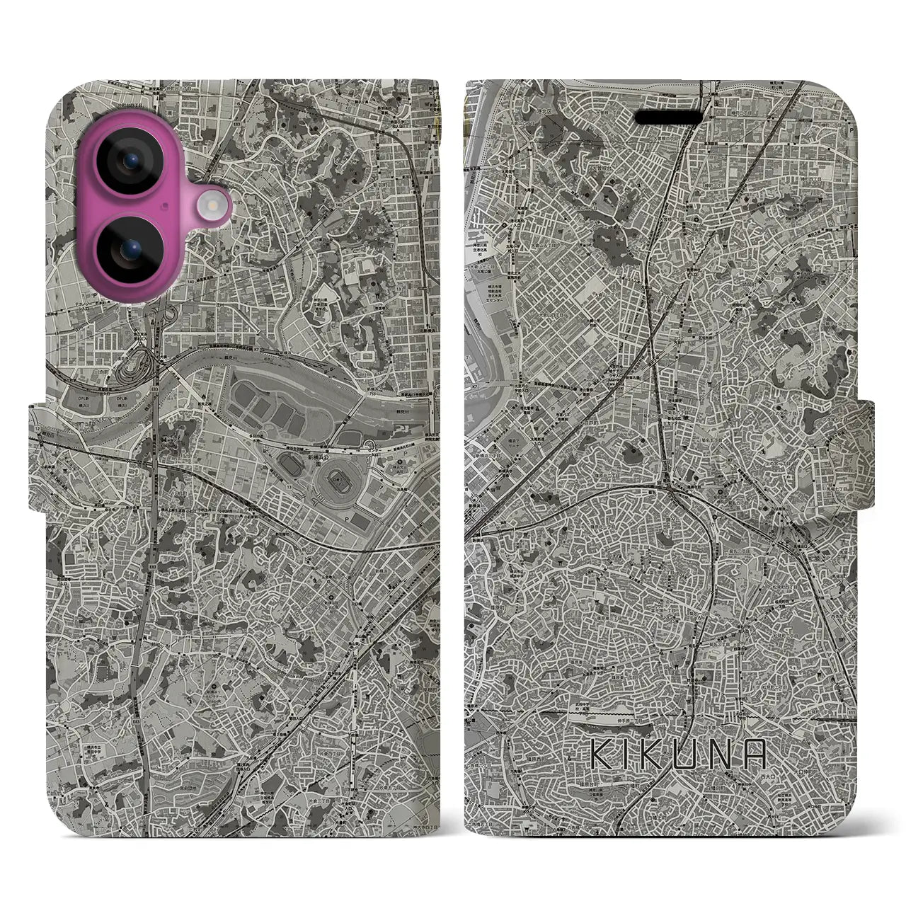 【菊名(神奈川県)】地図柄iPhoneケース(手帳タイプ)モノトーン・iPhone 16 Pro 用