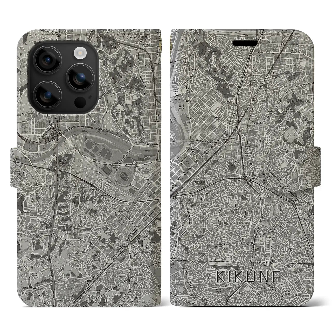 【菊名(神奈川県)】地図柄iPhoneケース(手帳タイプ)モノトーン・iPhone 16 用