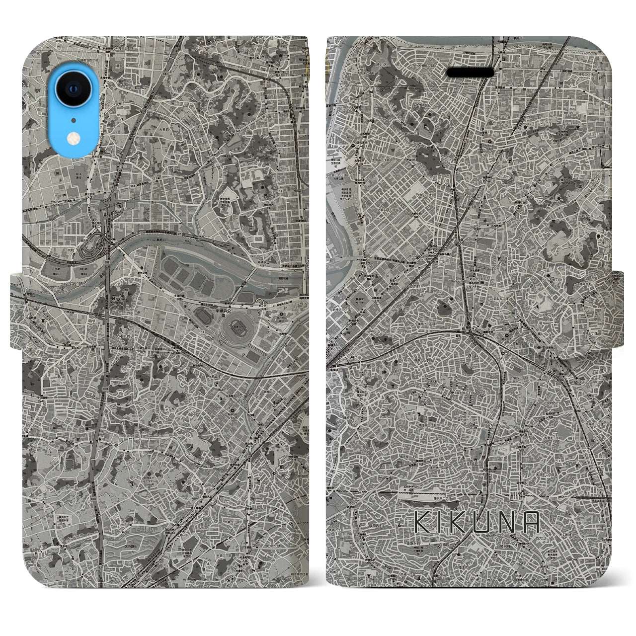 【菊名(神奈川県)】地図柄iPhoneケース(手帳タイプ)モノトーン・iPhone XR 用