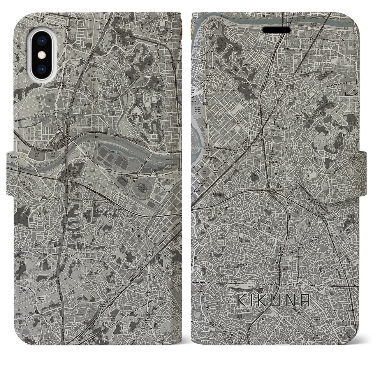 【菊名(神奈川県)】地図柄iPhoneケース(手帳タイプ)モノトーン・iPhone XS Max 用