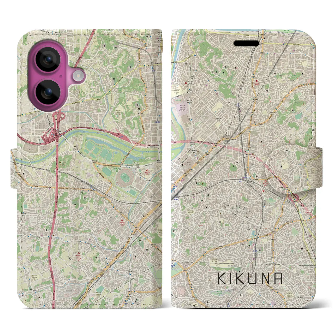【菊名(神奈川県)】地図柄iPhoneケース(手帳タイプ)ナチュラル・iPhone 16 Pro 用