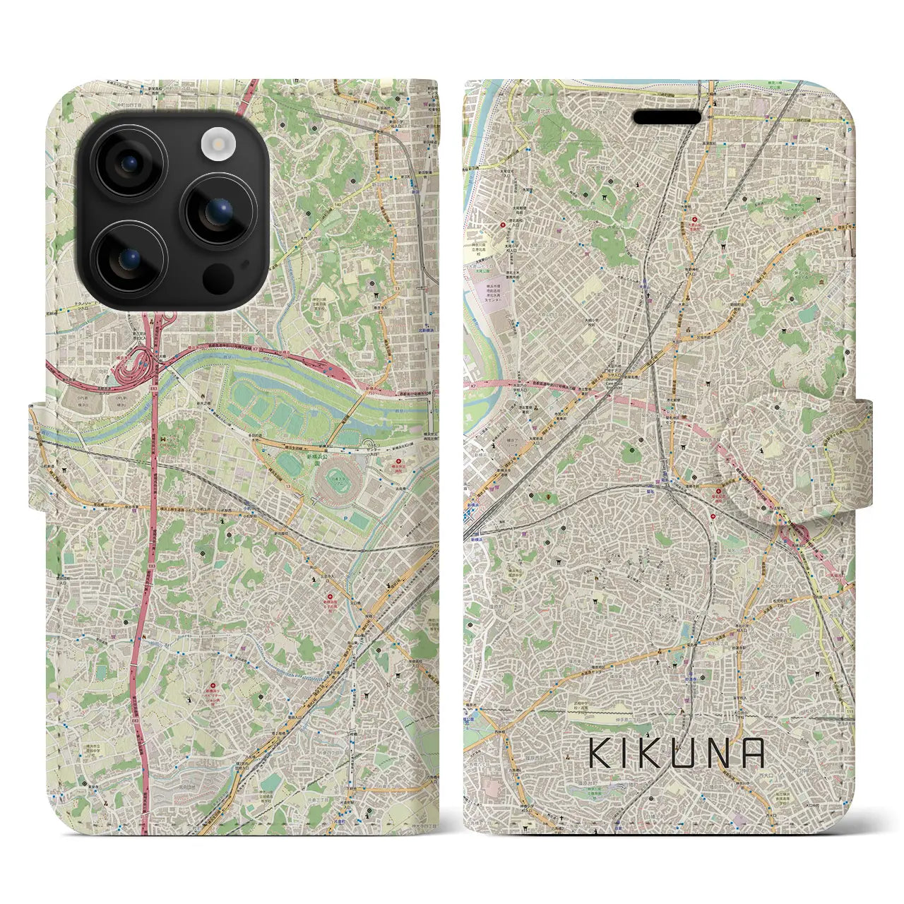 【菊名(神奈川県)】地図柄iPhoneケース(手帳タイプ)ナチュラル・iPhone 16 用