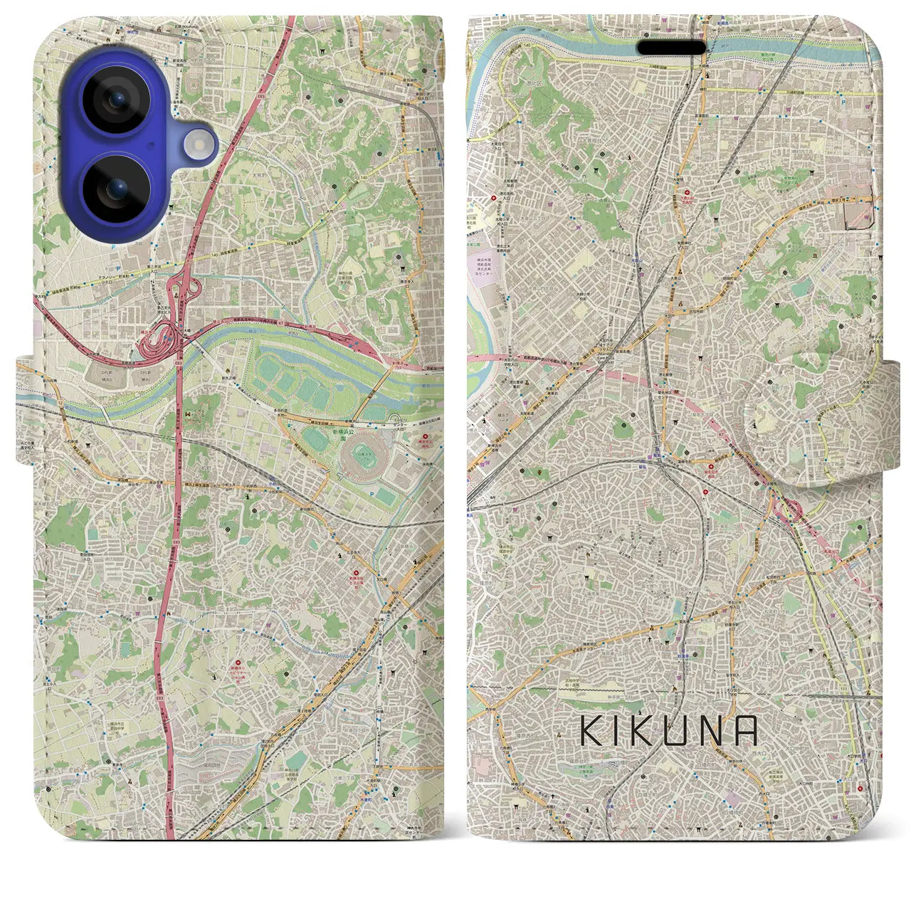 【菊名(神奈川県)】地図柄iPhoneケース(手帳タイプ)ナチュラル・iPhone 16 Pro Max 用