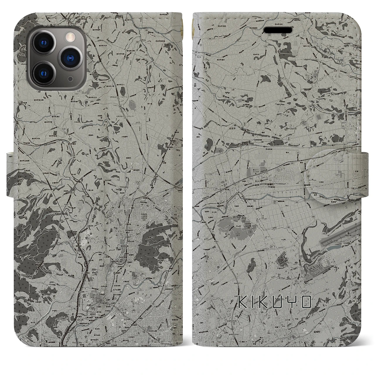 【菊陽(熊本県)】地図柄iPhoneケース(手帳タイプ)モノトーン・iPhone 11 Pro Max 用