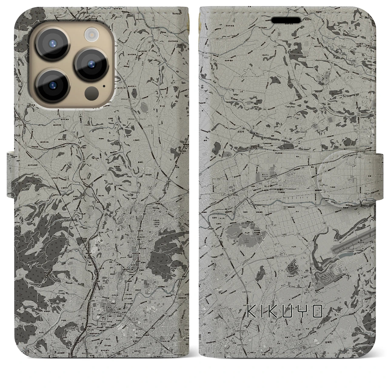 【菊陽(熊本県)】地図柄iPhoneケース(手帳タイプ)モノトーン・iPhone 14 Pro Max 用