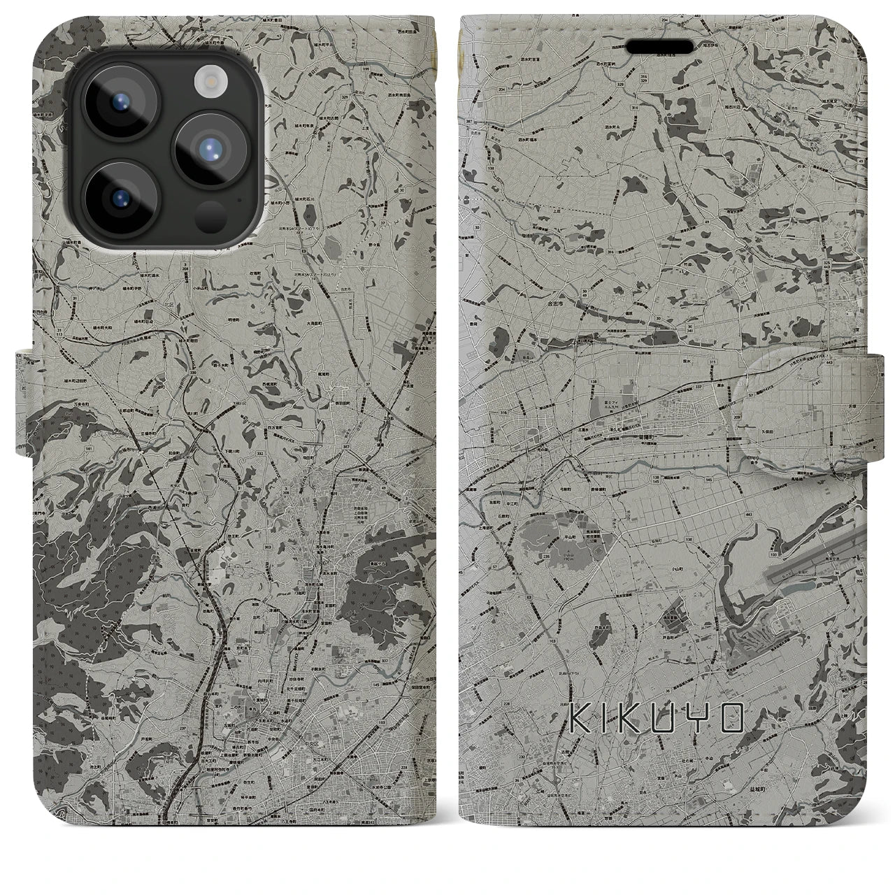 【菊陽(熊本県)】地図柄iPhoneケース(手帳タイプ)モノトーン・iPhone 15 Pro Max 用