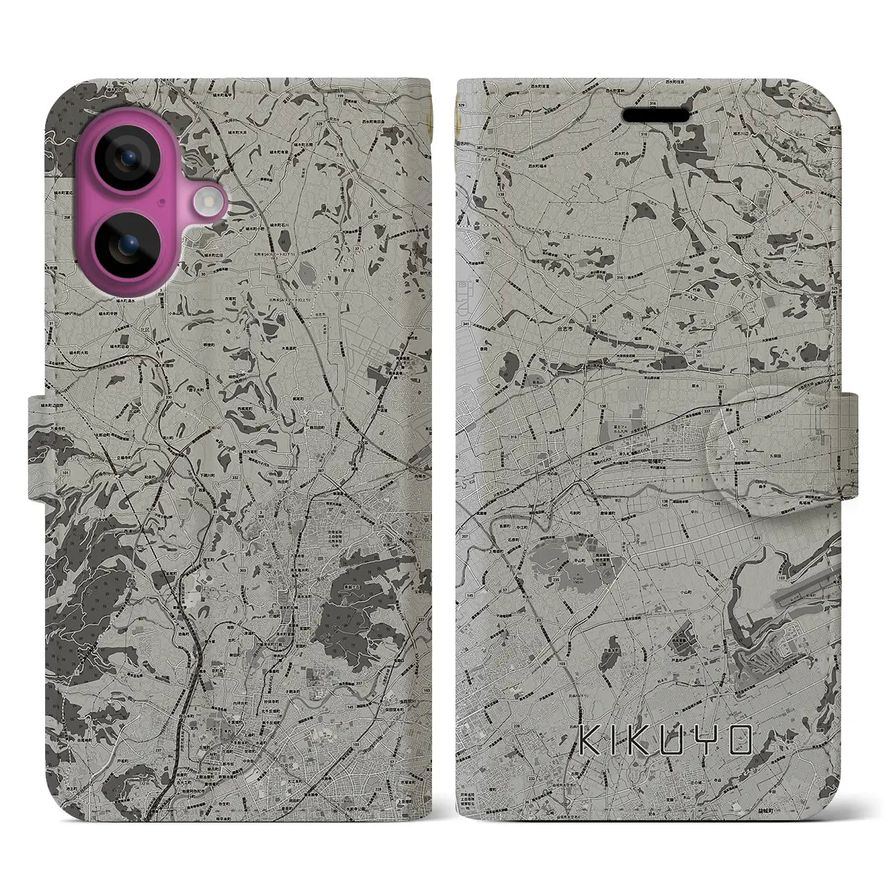 【菊陽(熊本県)】地図柄iPhoneケース(手帳タイプ)モノトーン・iPhone 16 Pro 用