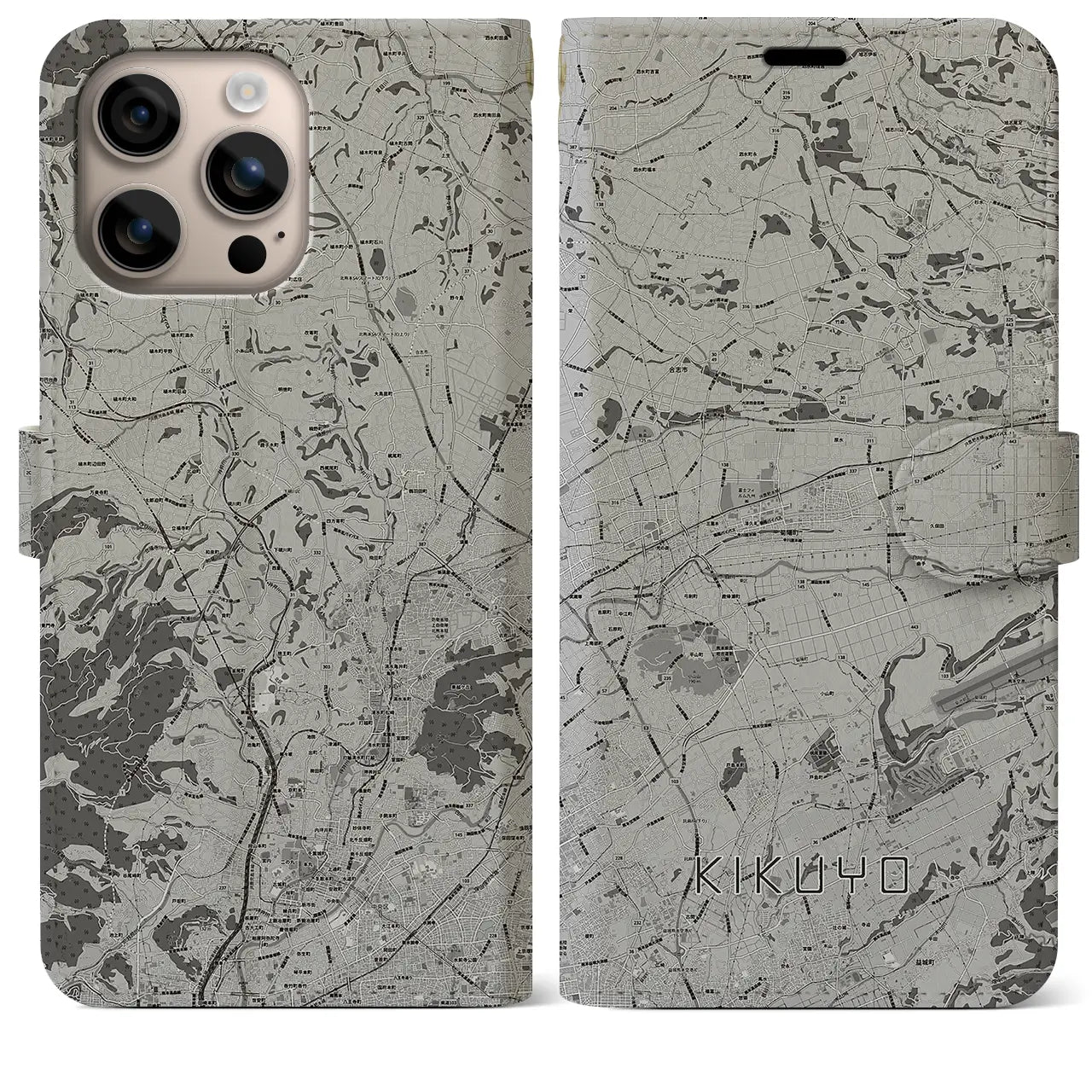 【菊陽(熊本県)】地図柄iPhoneケース(手帳タイプ)モノトーン・iPhone 16 Plus 用