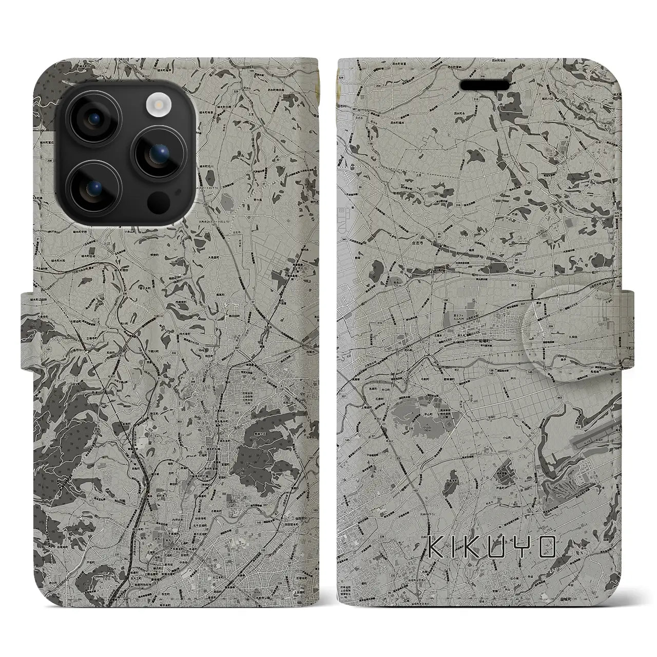 【菊陽(熊本県)】地図柄iPhoneケース(手帳タイプ)モノトーン・iPhone 16 用