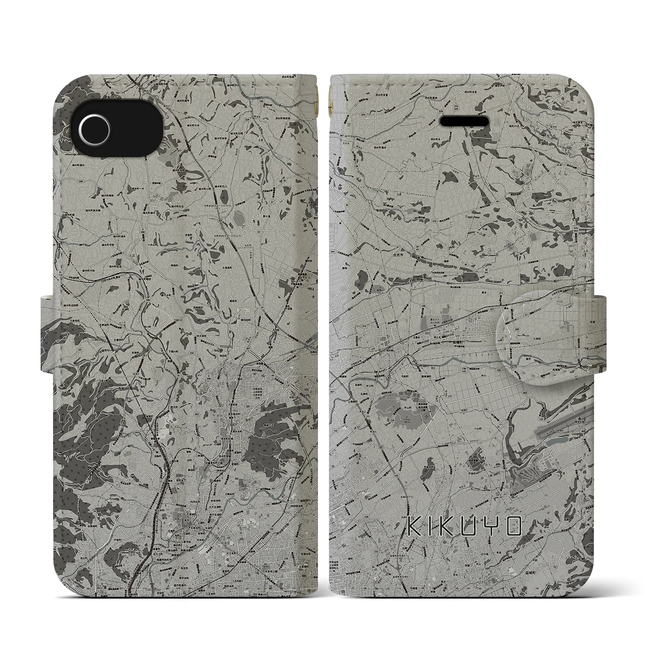 【菊陽(熊本県)】地図柄iPhoneケース(手帳タイプ)モノトーン・iPhone SE(第3 / 第2世代) / 8 / 7 / 6s / 6 用