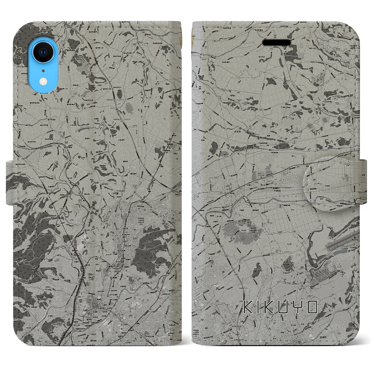 【菊陽(熊本県)】地図柄iPhoneケース(手帳タイプ)モノトーン・iPhone XR 用
