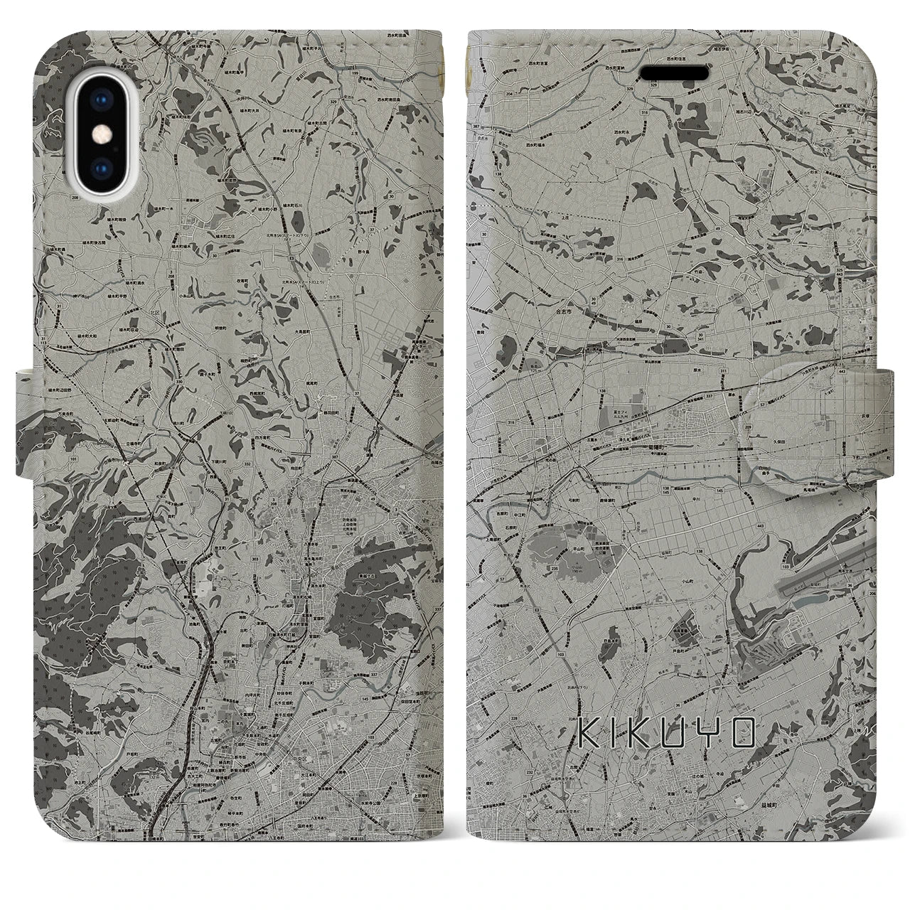 【菊陽(熊本県)】地図柄iPhoneケース(手帳タイプ)モノトーン・iPhone XS Max 用