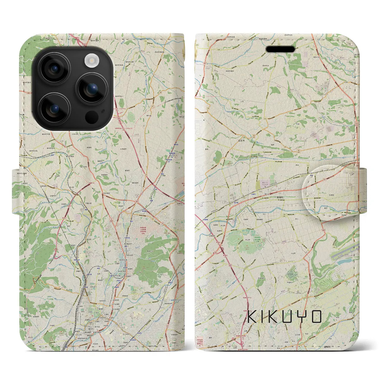 【菊陽(熊本県)】地図柄iPhoneケース(手帳タイプ)ナチュラル・iPhone 16 用