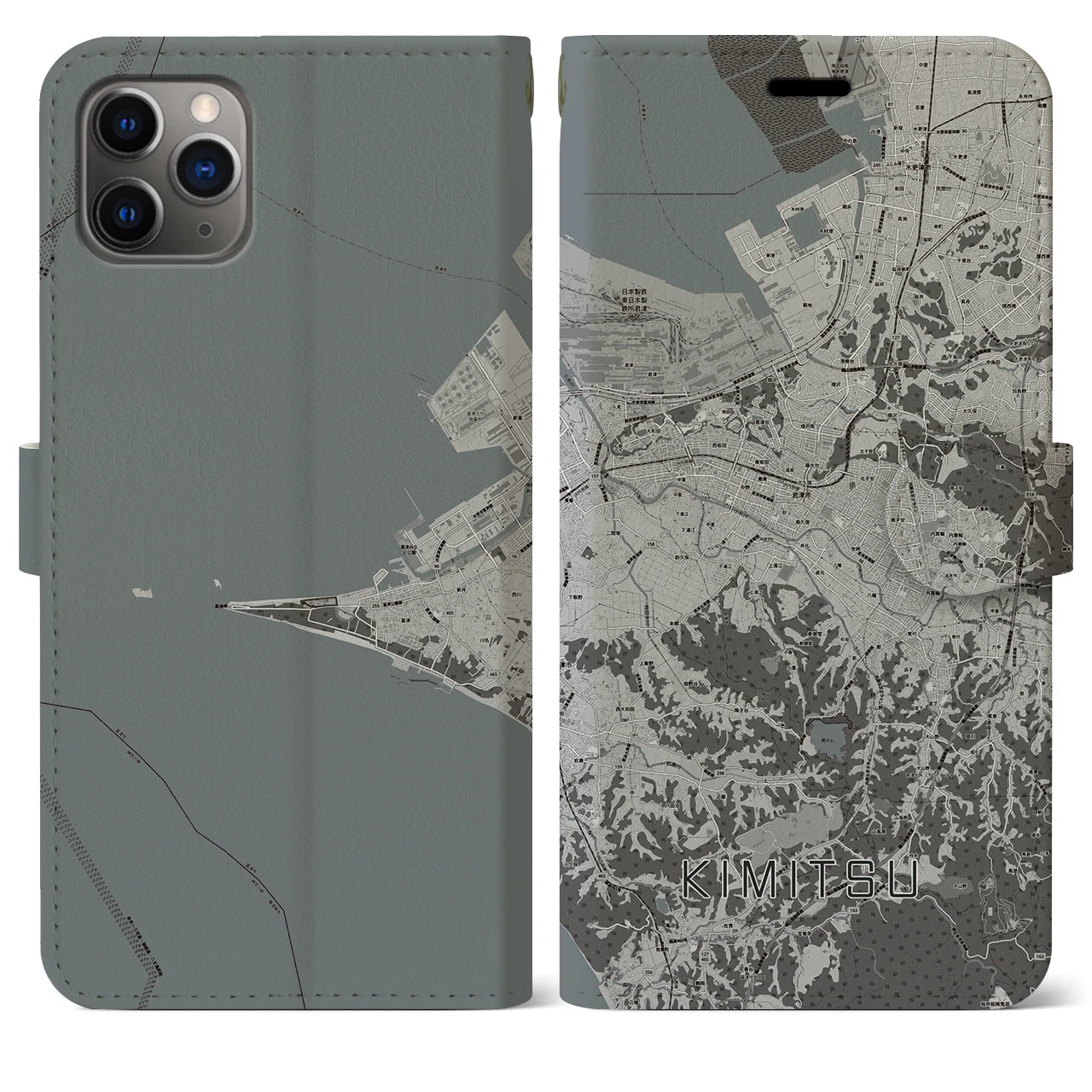 【君津(千葉県)】地図柄iPhoneケース(手帳タイプ)モノトーン・iPhone 11 Pro Max 用