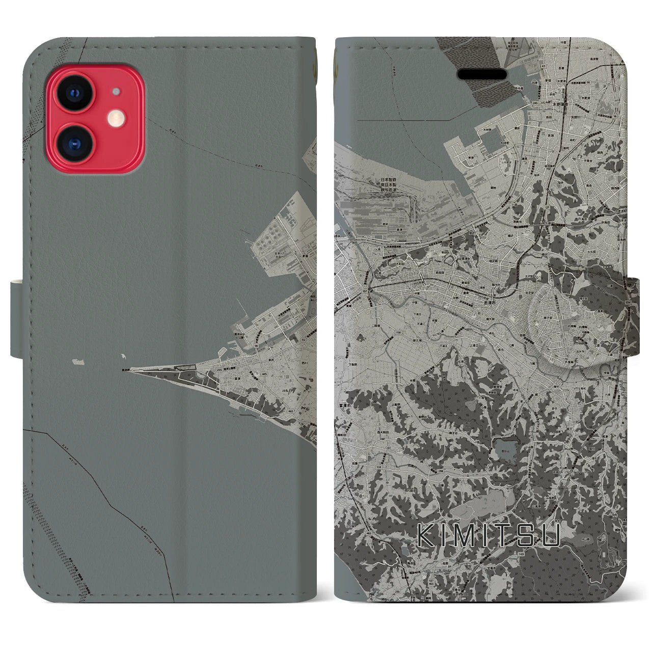 【君津(千葉県)】地図柄iPhoneケース(手帳タイプ)モノトーン・iPhone 11 用