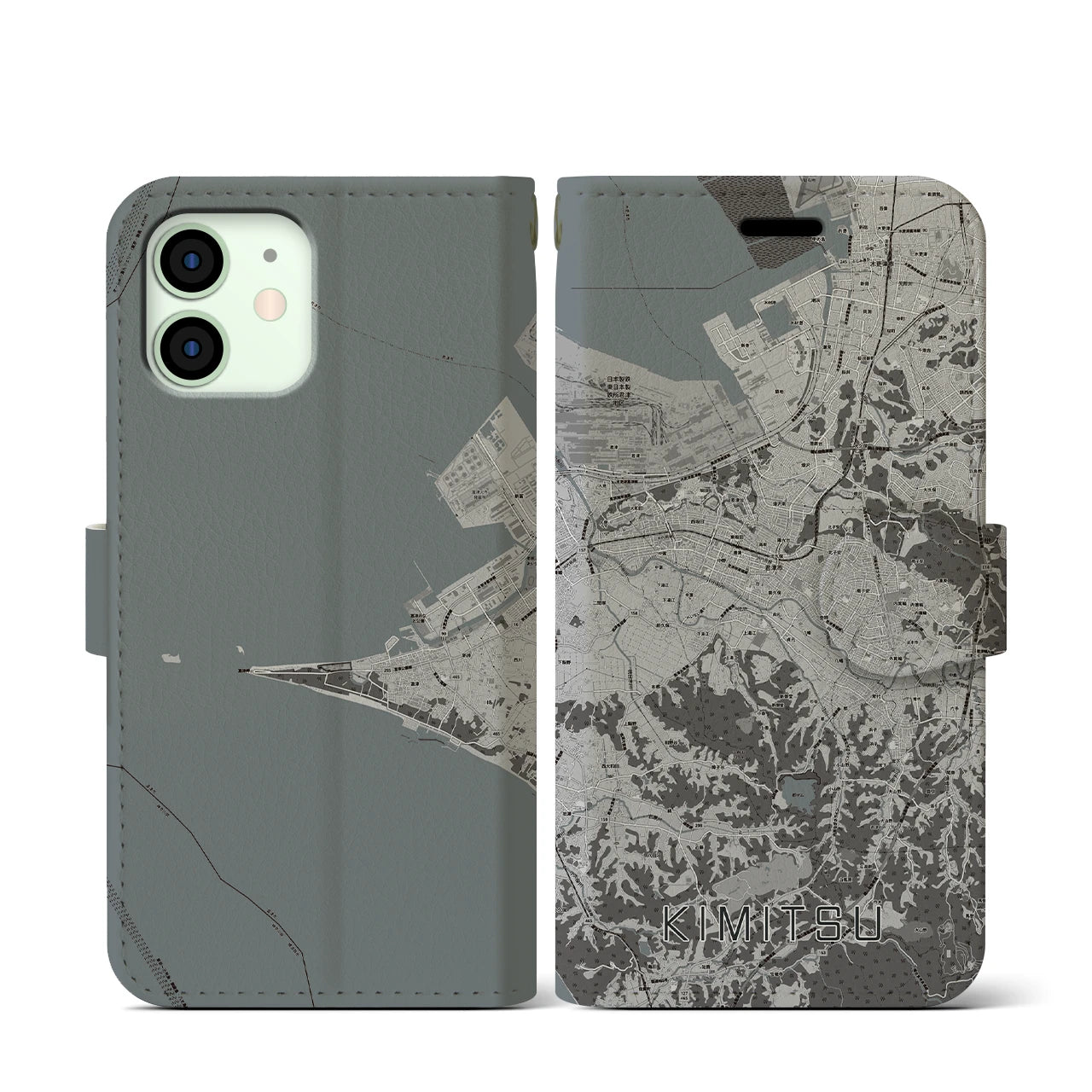 【君津(千葉県)】地図柄iPhoneケース(手帳タイプ)モノトーン・iPhone 12 mini 用