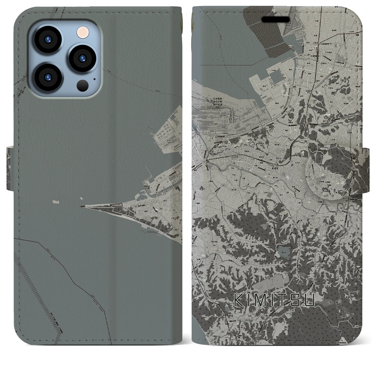 【君津(千葉県)】地図柄iPhoneケース(手帳タイプ)モノトーン・iPhone 13 Pro Max 用