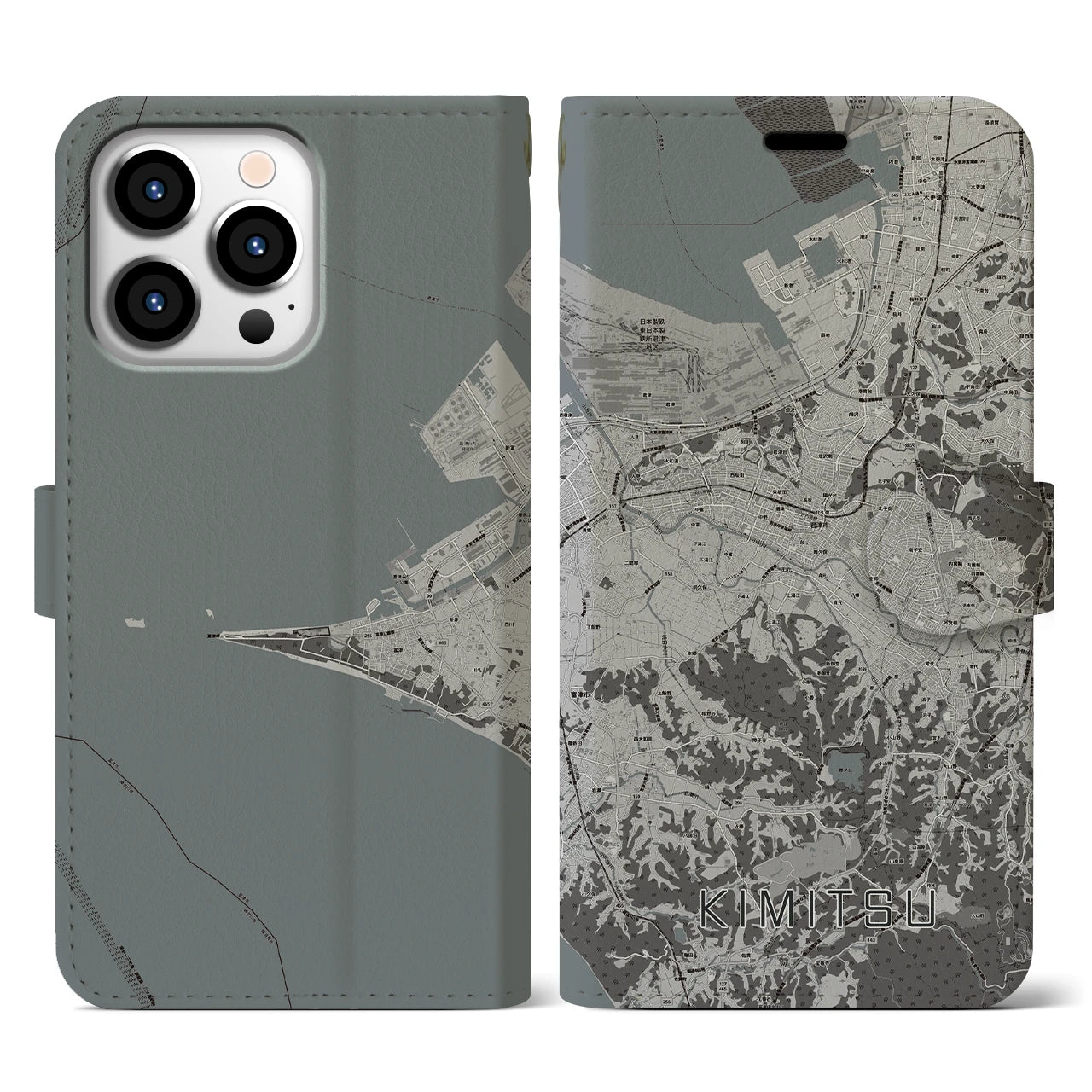 【君津(千葉県)】地図柄iPhoneケース(手帳タイプ)モノトーン・iPhone 13 Pro 用