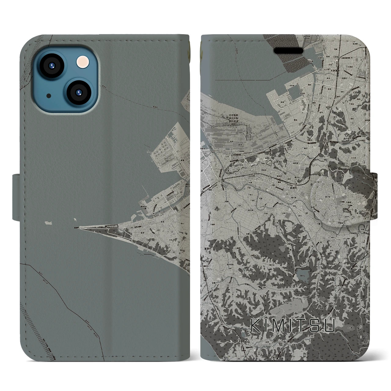 【君津(千葉県)】地図柄iPhoneケース(手帳タイプ)モノトーン・iPhone 13 用