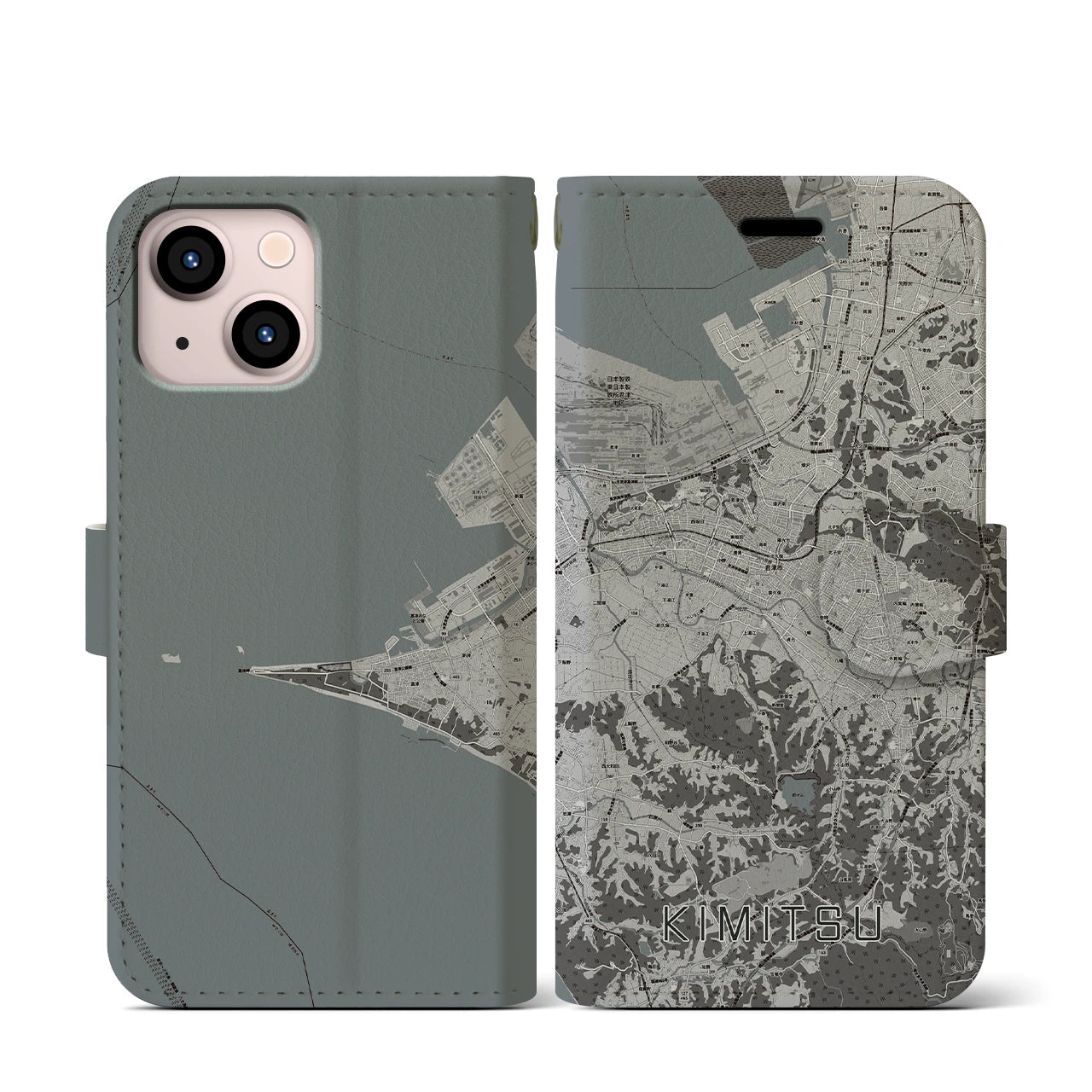 【君津(千葉県)】地図柄iPhoneケース(手帳タイプ)モノトーン・iPhone 13 mini 用