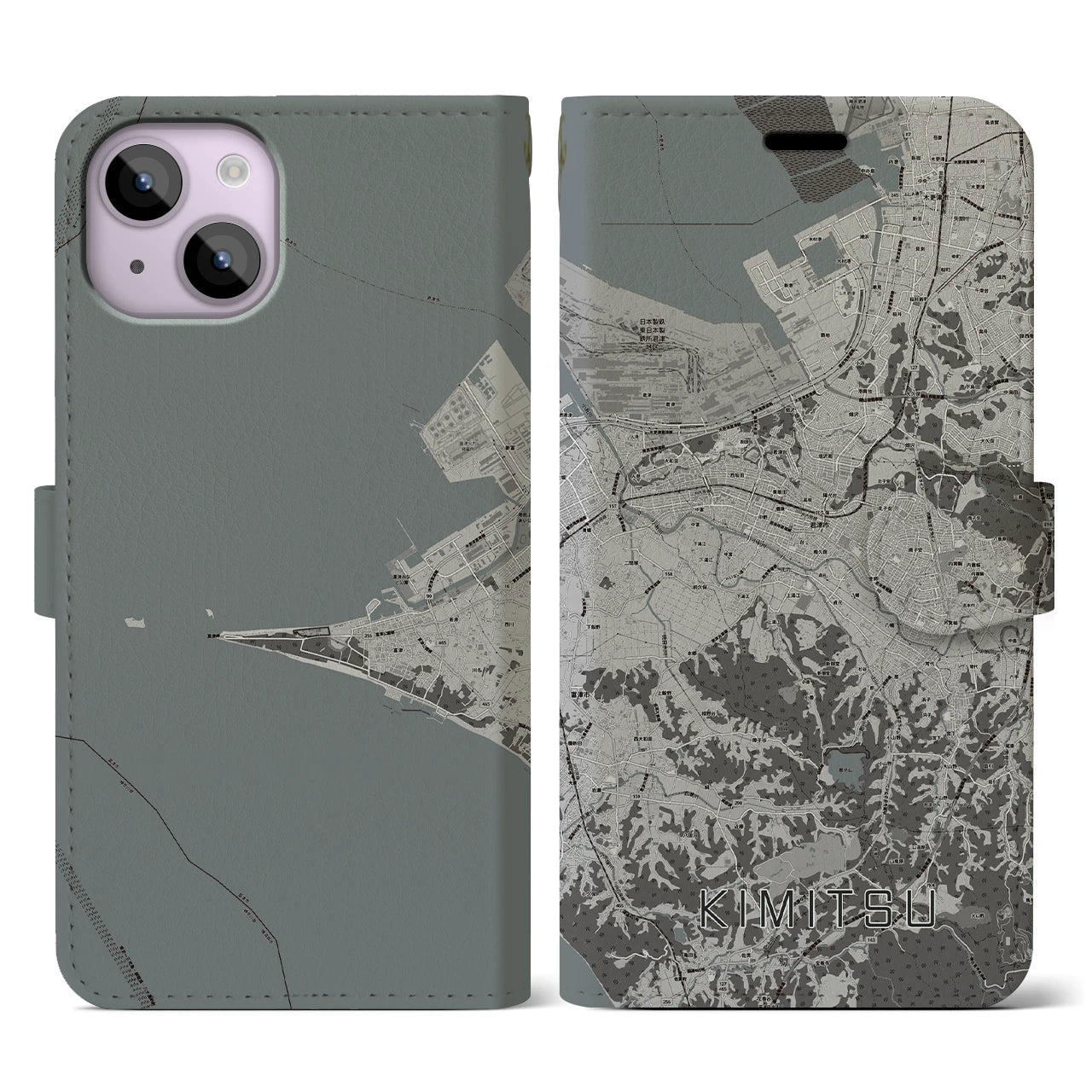 【君津(千葉県)】地図柄iPhoneケース(手帳タイプ)モノトーン・iPhone 14 用