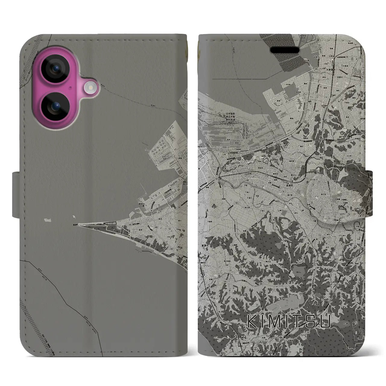 【君津(千葉県)】地図柄iPhoneケース(手帳タイプ)モノトーン・iPhone 16 Pro 用