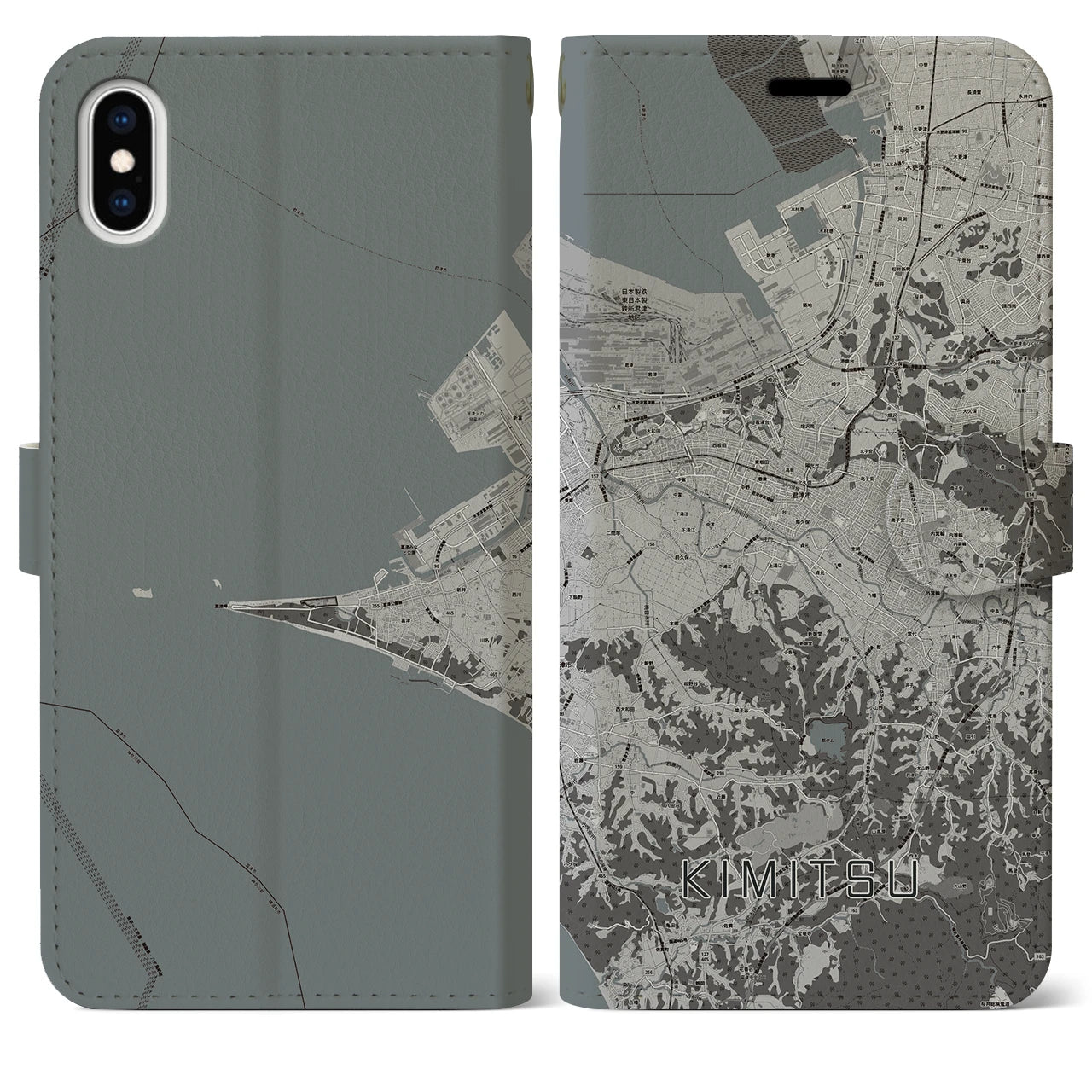 【君津(千葉県)】地図柄iPhoneケース(手帳タイプ)モノトーン・iPhone XS Max 用