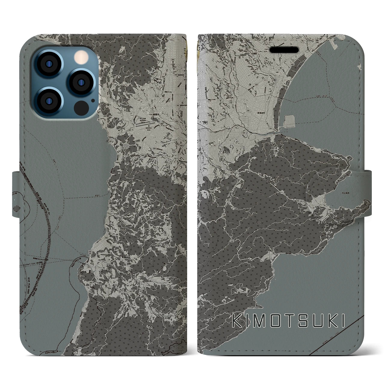 【肝付(鹿児島県)】地図柄iPhoneケース(手帳タイプ)モノトーン・iPhone 12 / 12 Pro 用