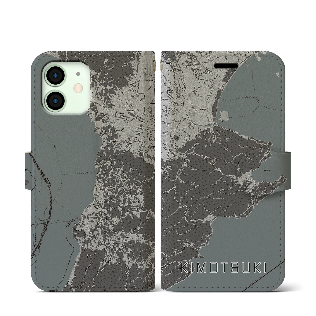 【肝付(鹿児島県)】地図柄iPhoneケース(手帳タイプ)モノトーン・iPhone 12 mini 用
