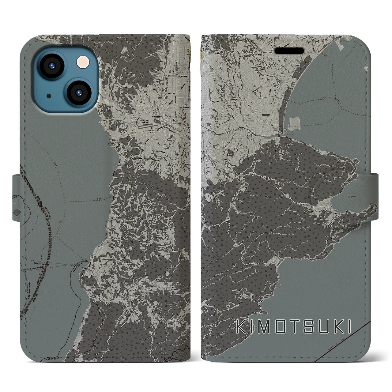 【肝付(鹿児島県)】地図柄iPhoneケース(手帳タイプ)モノトーン・iPhone 13 用