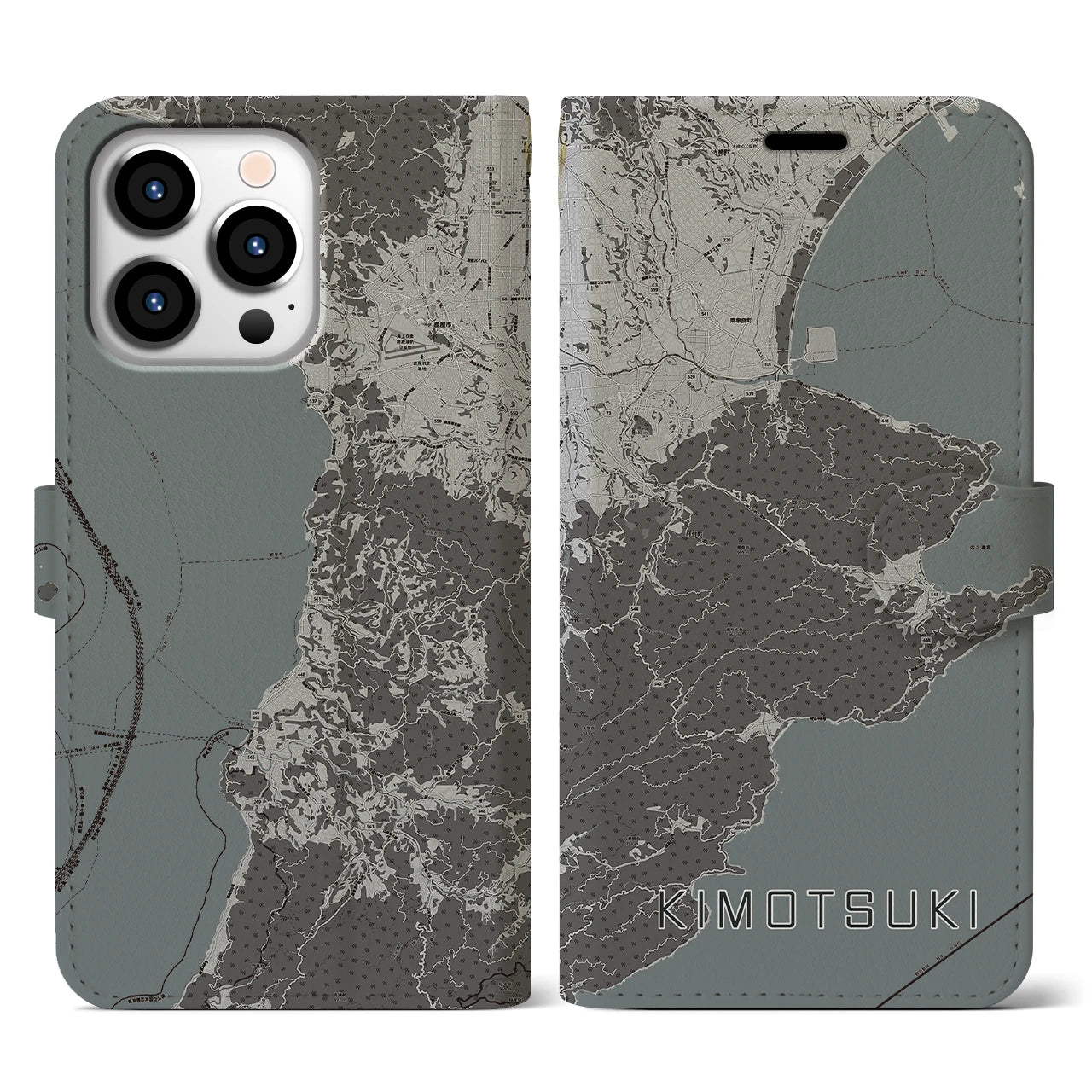 【肝付(鹿児島県)】地図柄iPhoneケース(手帳タイプ)モノトーン・iPhone 13 Pro 用