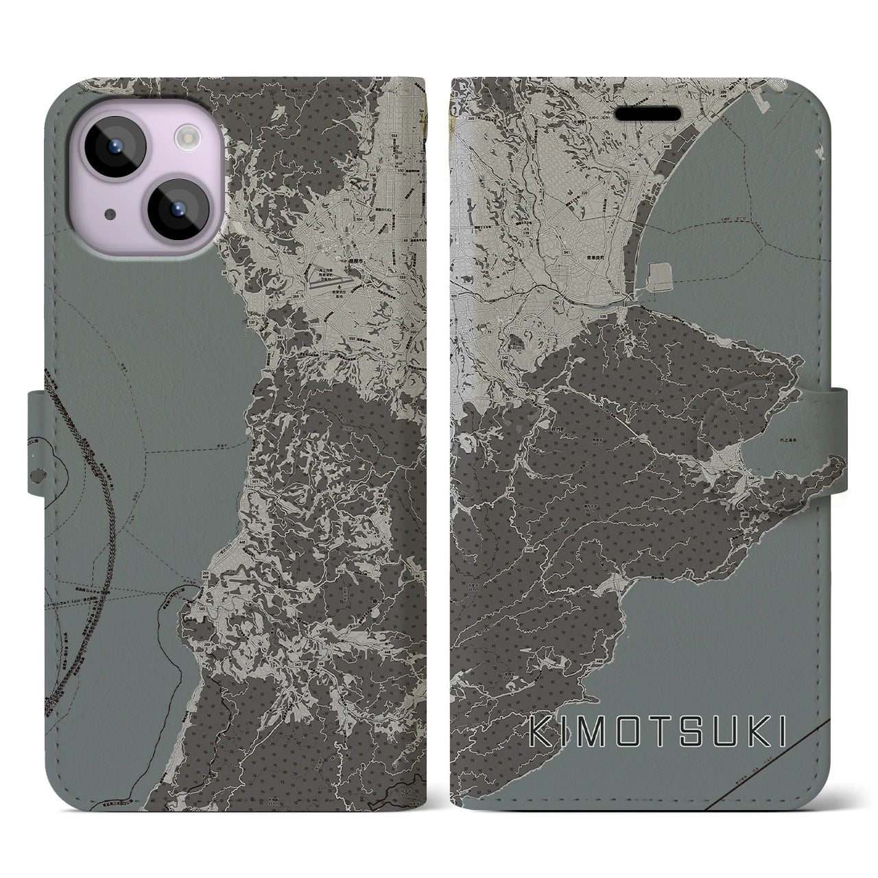 【肝付(鹿児島県)】地図柄iPhoneケース(手帳タイプ)モノトーン・iPhone 14 用