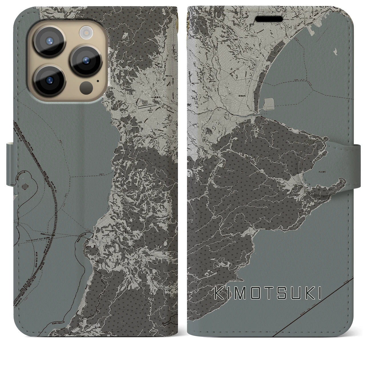 【肝付(鹿児島県)】地図柄iPhoneケース(手帳タイプ)モノトーン・iPhone 14 Pro Max 用