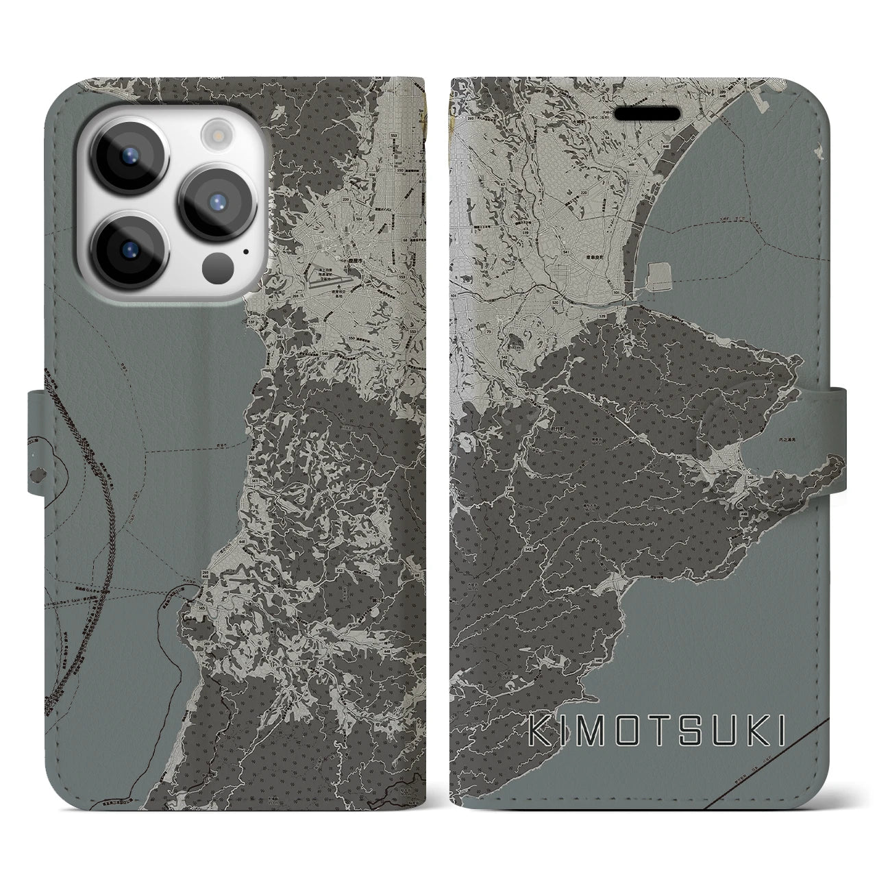 【肝付(鹿児島県)】地図柄iPhoneケース(手帳タイプ)モノトーン・iPhone 14 Pro 用