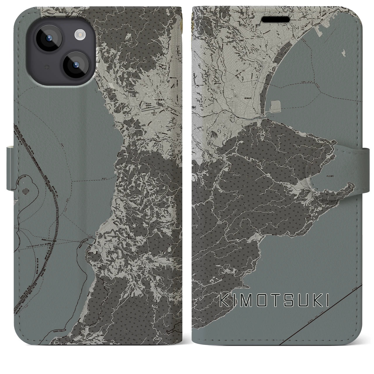 【肝付(鹿児島県)】地図柄iPhoneケース(手帳タイプ)モノトーン・iPhone 14 Plus 用
