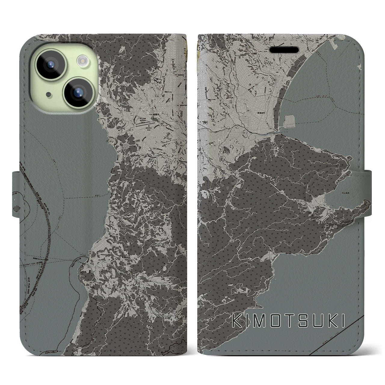 【肝付(鹿児島県)】地図柄iPhoneケース(手帳タイプ)モノトーン・iPhone 15 用