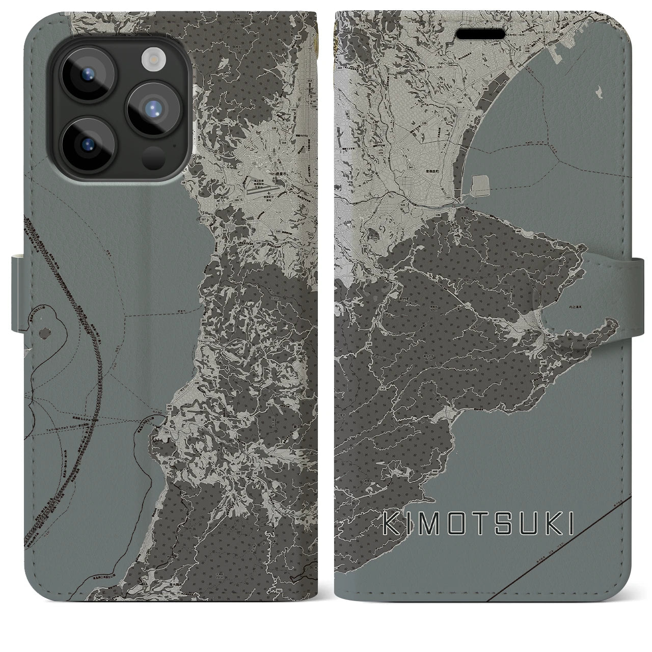 【肝付(鹿児島県)】地図柄iPhoneケース(手帳タイプ)モノトーン・iPhone 15 Pro Max 用