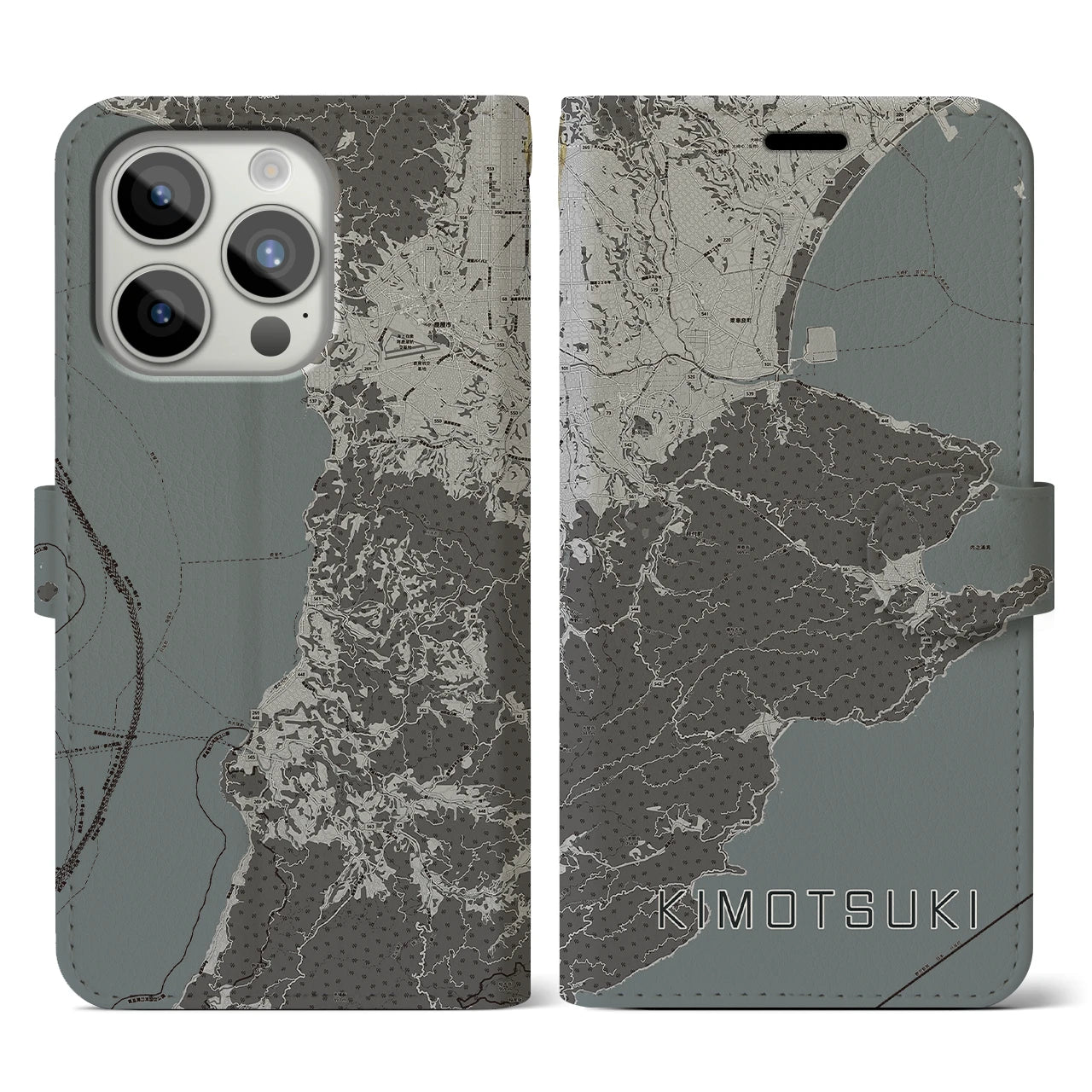 【肝付(鹿児島県)】地図柄iPhoneケース(手帳タイプ)モノトーン・iPhone 15 Pro 用
