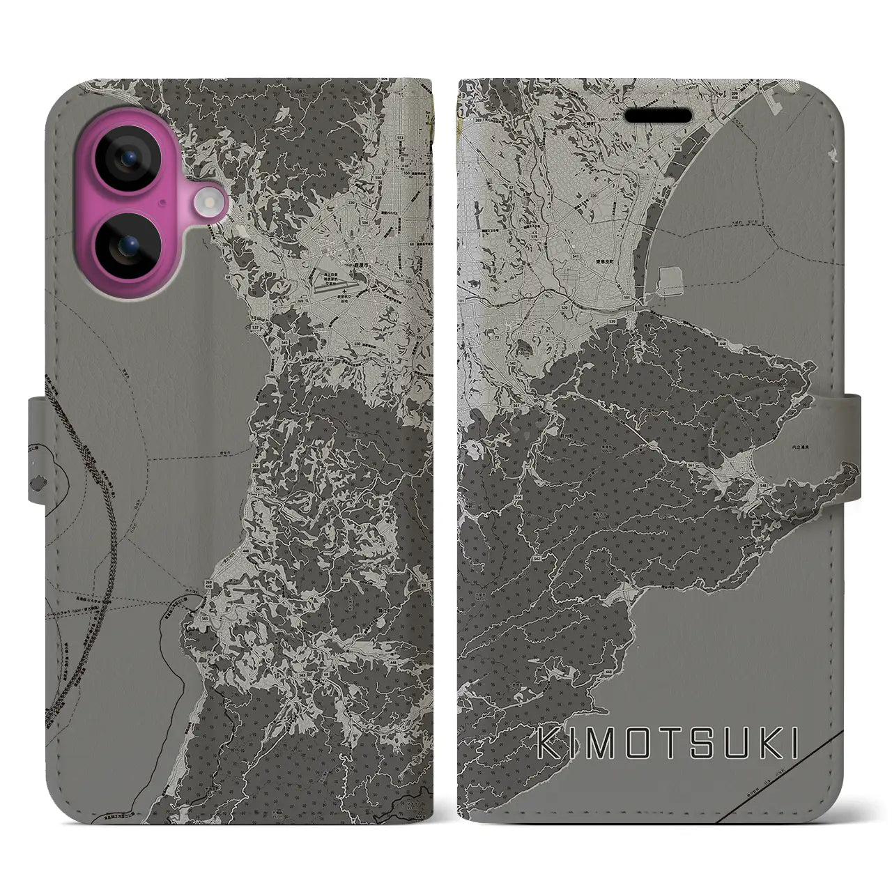 【肝付(鹿児島県)】地図柄iPhoneケース(手帳タイプ)モノトーン・iPhone 16 Pro 用
