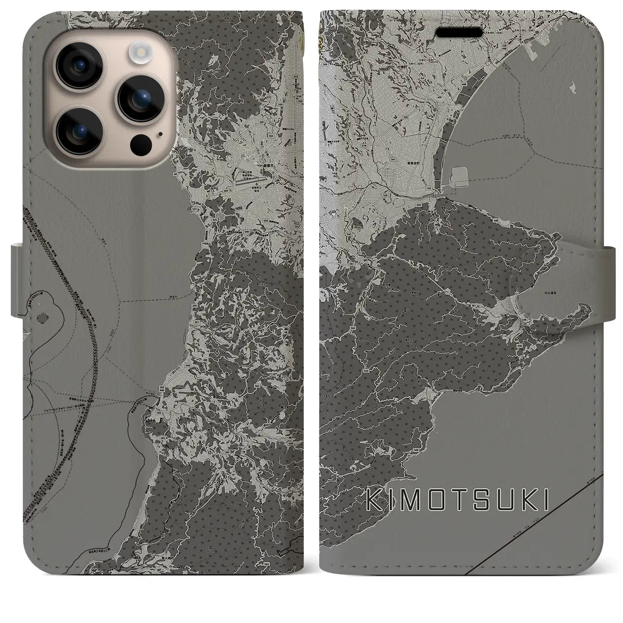 【肝付(鹿児島県)】地図柄iPhoneケース(手帳タイプ)モノトーン・iPhone 16 Plus 用