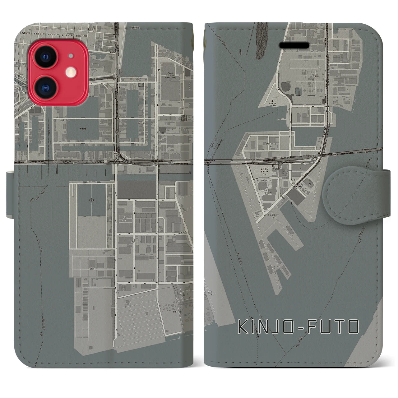 【金城ふ頭(愛知県)】地図柄iPhoneケース(手帳タイプ)モノトーン・iPhone 11 用