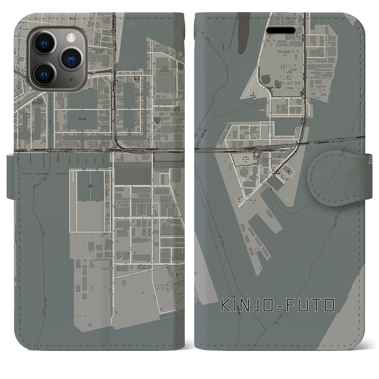 【金城ふ頭(愛知県)】地図柄iPhoneケース(手帳タイプ)モノトーン・iPhone 11 Pro Max 用