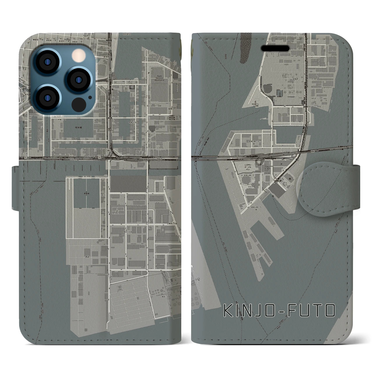【金城ふ頭(愛知県)】地図柄iPhoneケース(手帳タイプ)モノトーン・iPhone 12 / 12 Pro 用
